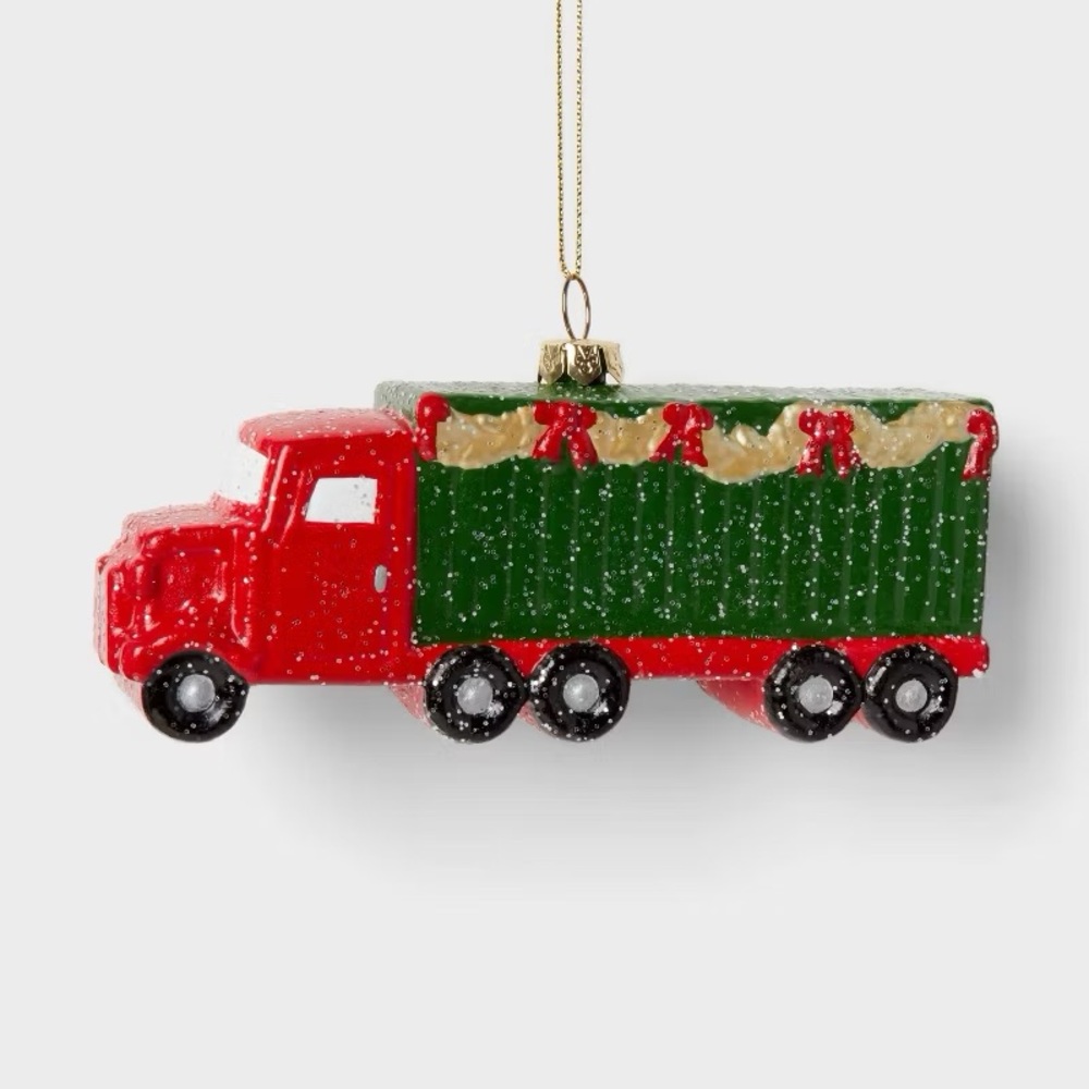 Semi Truck and Trailer Christmas Tree Ornament Red/Green nwt